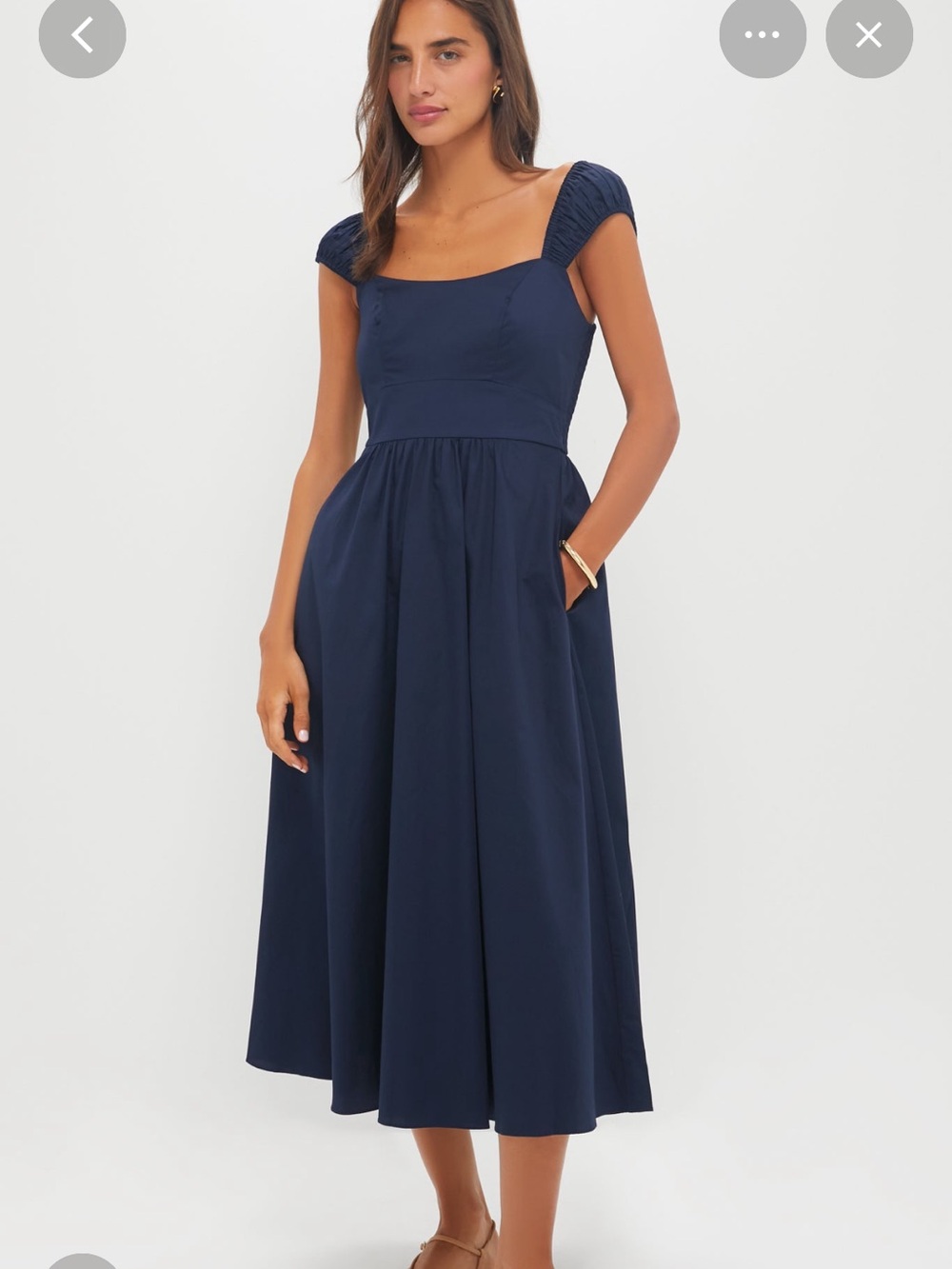 Tuckernuck Navy Square-Neck Midi Dress with Ruched Cap Sleeves